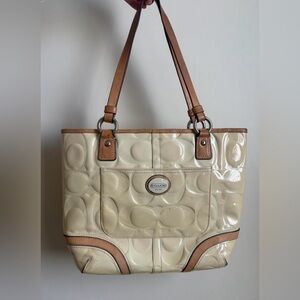 Coach Peyton Embossed Patent Leather Cream and Tan Tote